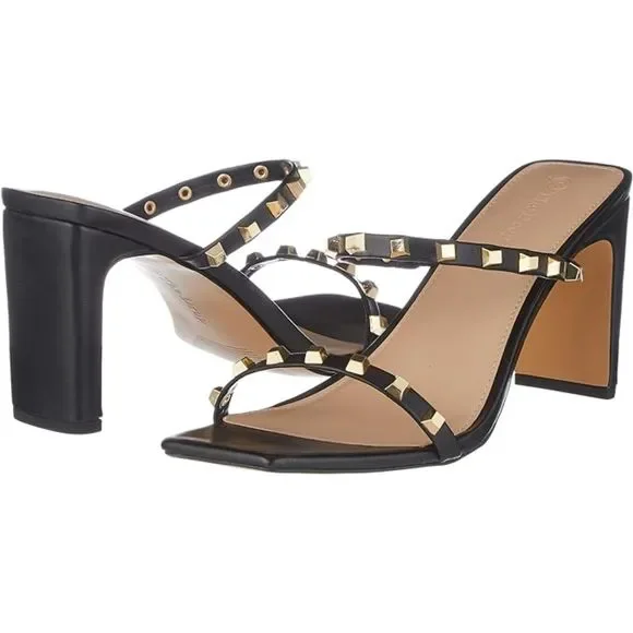 Women's Avery Square Toe Two Strap High Heeled Black Studded Sandal - Picture 6 of 7